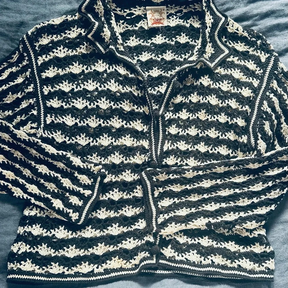 Couture Crochet Sweater/Top. 3/4 Sleeve. Button Front. Silk cotton.Honest luxury